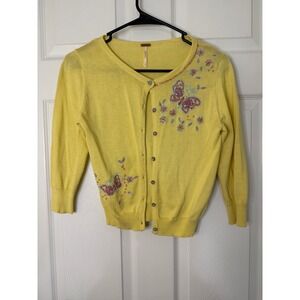 Free People Cardigan Women XS Yellow Butterfly Embroidered Sequin Cropped